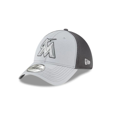 Grey Miami Marlins Hat - New Era MLB Grayed Out Neo 39THIRTY Stretch Fit Caps USA2861943